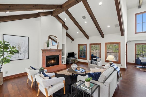 Fireplace, Interior, Living room, Recessed Lighting, Wooden Beams, Wood Texture Flooring