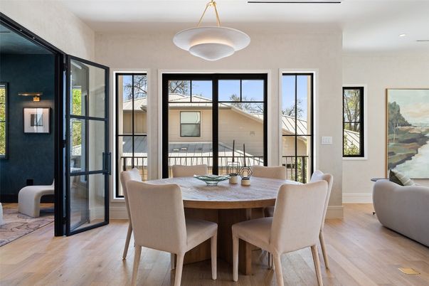 Dining room, Interior, Pendant Lights, Recessed Lighting, Wood Texture Flooring