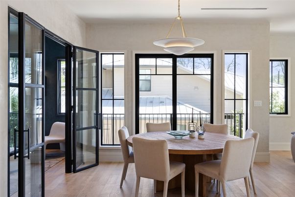 Dining room, Interior, Pendant Lights, Wood Texture Flooring