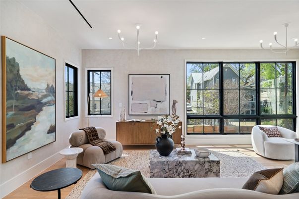 Interior, Living room, Pendant Lights, Recessed Lighting, Wood Texture Flooring