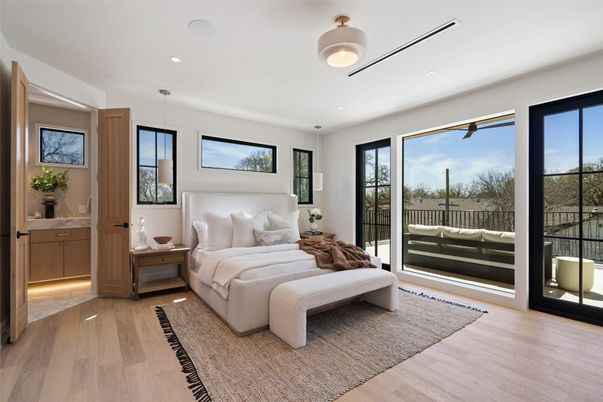 Bedroom, Interior, Pendant Lights, Recessed Lighting, Wood Texture Flooring