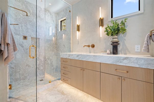 Bathroom, Glass Shower, Interior, Marble Walls, Recessed Lighting