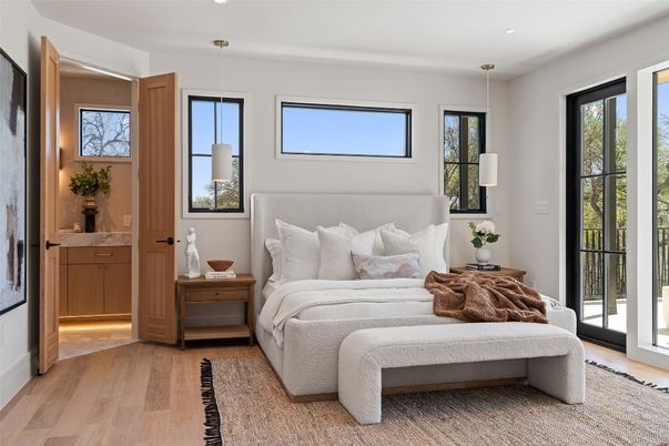 Bedroom, Interior, Pendant Lights, Recessed Lighting, Wood Texture Flooring