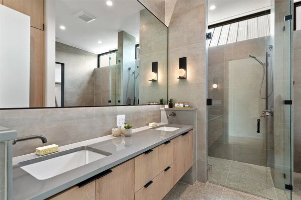 Bathroom, Dual Sink Vanities, Glass Shower, Interior, Recessed Lighting