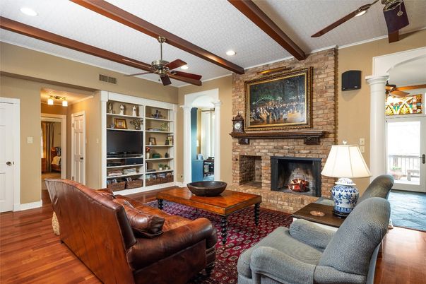 Fireplace, Interior, Living room, Recessed Lighting, Stone Walls, Wooden Beams, Wood Texture Flooring