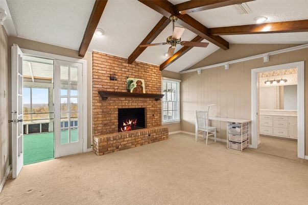 Dining room, Fireplace, Interior, Recessed Lighting, Stone Walls, Wooden Beams