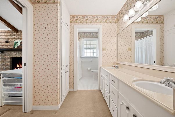 Bathroom, Dual Sink Vanities, Fireplace, Interior
