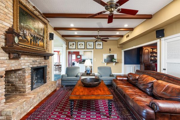 Fireplace, Interior, Living room, Recessed Lighting, Stone Walls