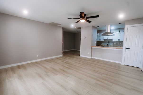Empty room, Interior, Kitchen, Pendant Lights, Recessed Lighting, Wood Texture Flooring