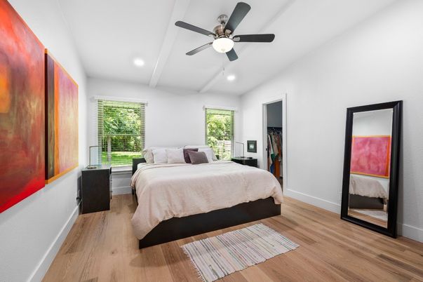 Bedroom, Interior, Recessed Lighting, Wood Texture Flooring