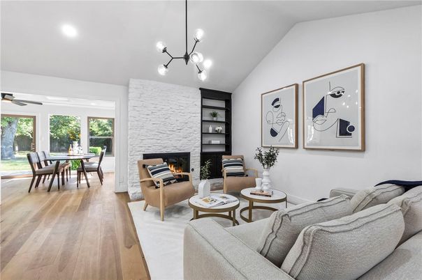 Dining room, Fireplace, Interior, Living room, Pendant Lights, Recessed Lighting, Stone Walls, Wood Texture Flooring