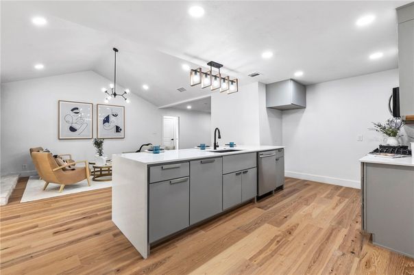 Interior, Kitchen, Pendant Lights, Recessed Lighting, Wood Texture Flooring