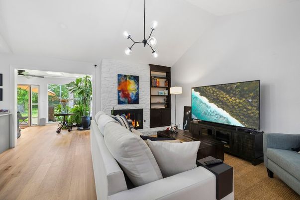 Fireplace, Interior, Living room, Pendant Lights, Stone Walls, Wood Texture Flooring