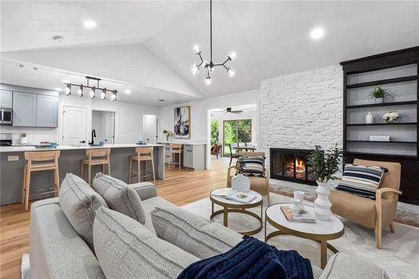 Fireplace, Interior, Kitchen, Living room, Pendant Lights, Recessed Lighting, Stone Walls, Wood Texture Flooring