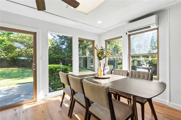 Dining room, Interior, Recessed Lighting, Wood Texture Flooring