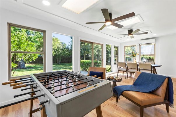 Dining room, Game Room, Interior, Recessed Lighting, Wood Texture Flooring