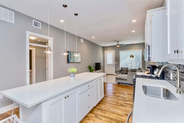 Interior, Kitchen, Living room, Pendant Lights, Recessed Lighting, Wood Texture Flooring