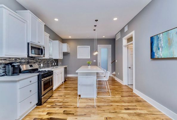 Dining room, Interior, Kitchen, Pendant Lights, Recessed Lighting, Stainless Steel Appliances, Wood Texture Flooring
