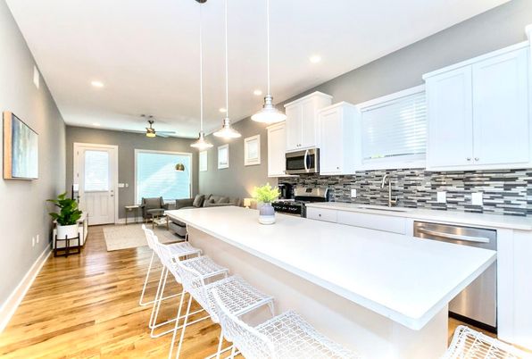 Interior, Kitchen, Living room, Pendant Lights, Recessed Lighting, Stainless Steel Appliances, Wood Texture Flooring