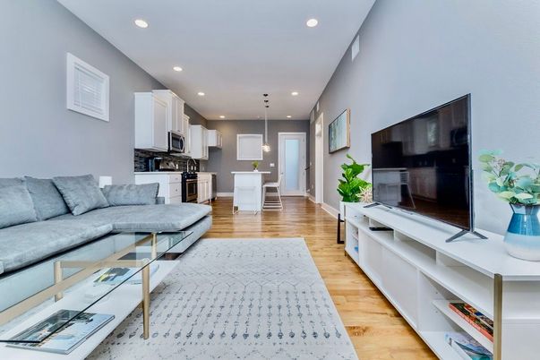 Interior, Kitchen, Living room, Pendant Lights, Recessed Lighting, Stainless Steel Appliances, Wood Texture Flooring