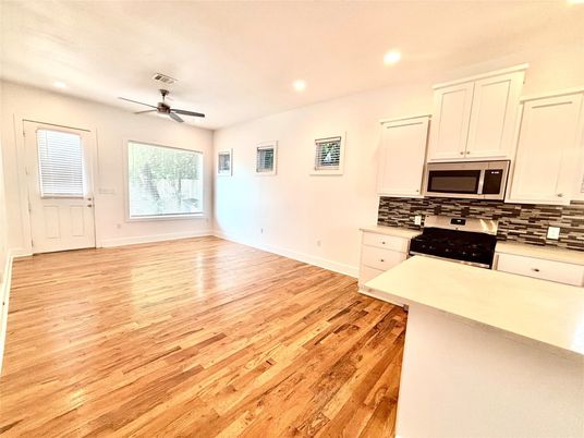 Empty room, Interior, Kitchen, Recessed Lighting, Wood Texture Flooring