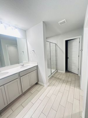 Bathroom, Dual Sink Vanities, Glass Shower, Interior, Wood Texture Flooring