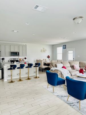 Dining room, Interior, Kitchen, Living room, Recessed Lighting, Stainless Steel Appliances, Wood Texture Flooring
