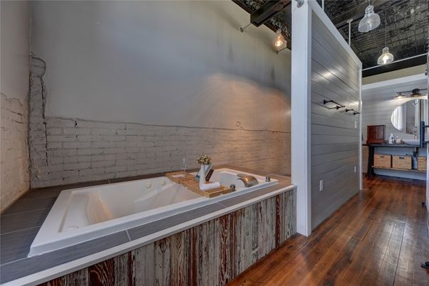 Bathroom, Interior, Pendant Lights, Wood Texture Flooring
