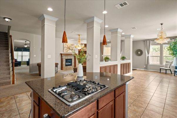 Chandelier, Fireplace, Interior, Kitchen, Pendant Lights, Recessed Lighting