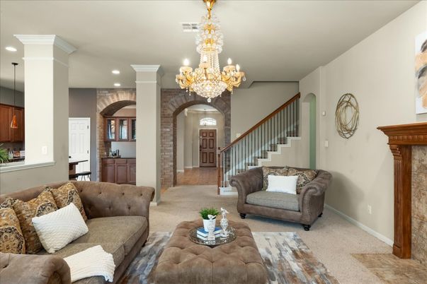 Chandelier, Fireplace, Interior, Living room, Recessed Lighting