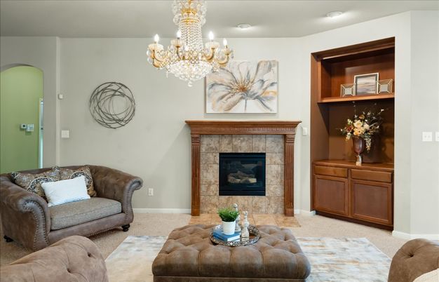 Chandelier, Fireplace, Interior, Living room, Recessed Lighting