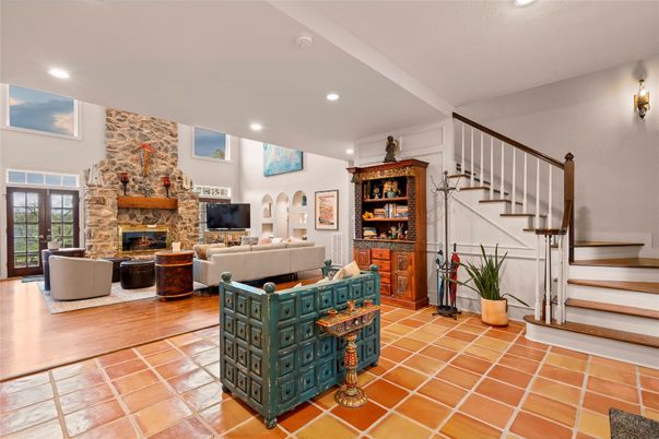Fireplace, Interior, Living room, Recessed Lighting, Stone Walls