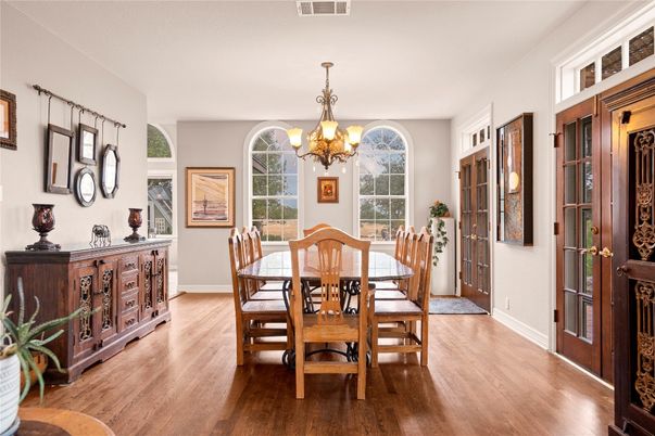 Chandelier, Dining room, Interior, Wood Texture Flooring