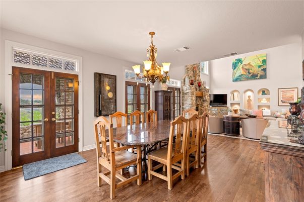 Chandelier, Dining room, Fireplace, Interior, Living room, Wood Texture Flooring