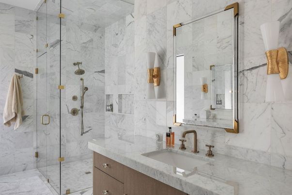 Bathroom, Glass Shower, Interior, Marble Walls