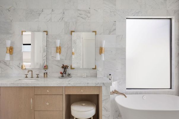 Bathroom, Dual Sink Vanities, Free Standing Baths, Interior, Marble Walls