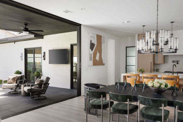 Dining room, Interior, Kitchen, Pendant Lights, Recessed Lighting, Wood Texture Flooring