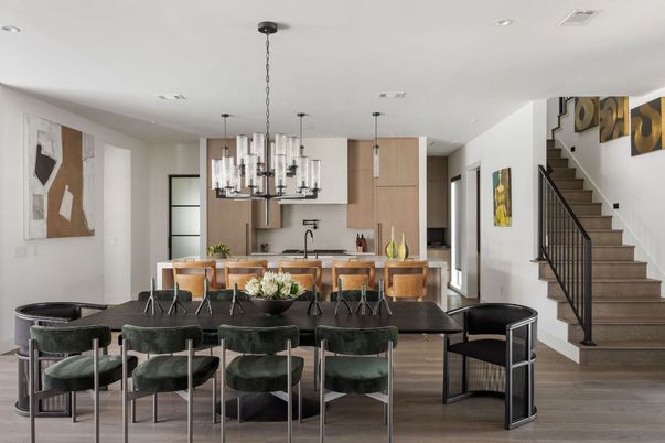 Dining room, Interior, Kitchen, Pendant Lights, Recessed Lighting, Wood Texture Flooring