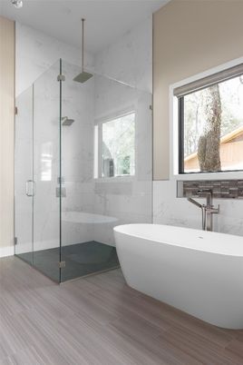 Bathroom, Free Standing Baths, Glass Shower, Interior, Marble Walls