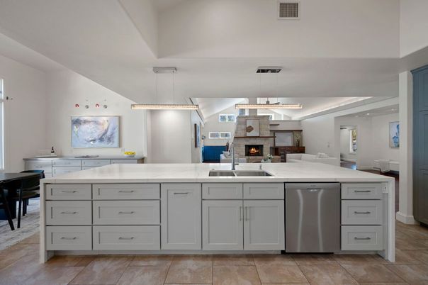 Fireplace, Interior, Kitchen, Pendant Lights, Stainless Steel Appliances