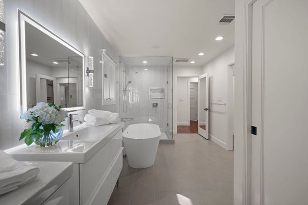 Bathroom, Dual Sink Vanities, Free Standing Baths, Glass Shower, Interior, Marble Walls, Recessed Lighting