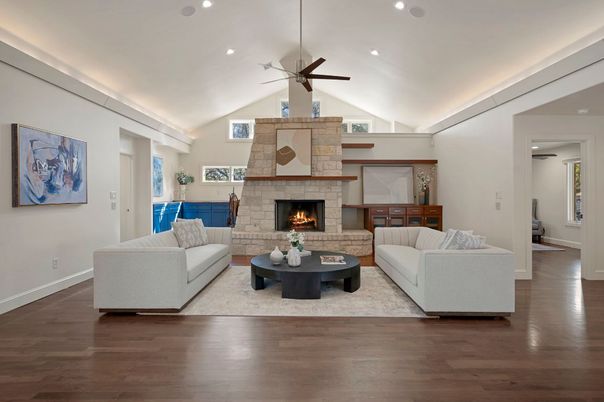 Fireplace, Interior, Living room, Recessed Lighting, Wood Texture Flooring