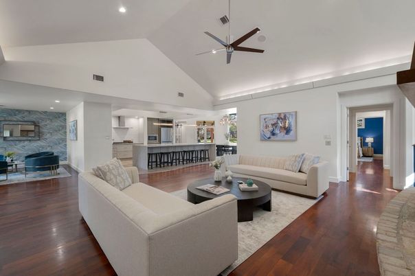 Interior, Kitchen, Living room, Recessed Lighting, Stone Walls, Wood Texture Flooring