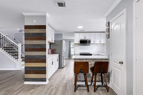 Interior, Kitchen, Recessed Lighting, Stainless Steel Appliances, Wood Texture Flooring