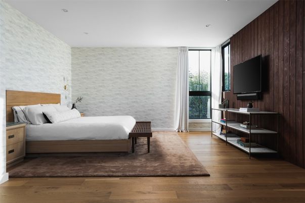 Bedroom, Interior, Recessed Lighting, Wood Texture Flooring