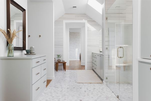 Bathroom, Glass Shower, Interior, Wood Texture Flooring