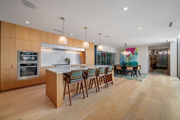 Dining room, Interior, Kitchen, Pendant Lights, Recessed Lighting, Stainless Steel Appliances, Wood Texture Flooring