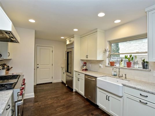 Interior, Kitchen, Recessed Lighting, Stainless Steel Appliances, Wood Texture Flooring