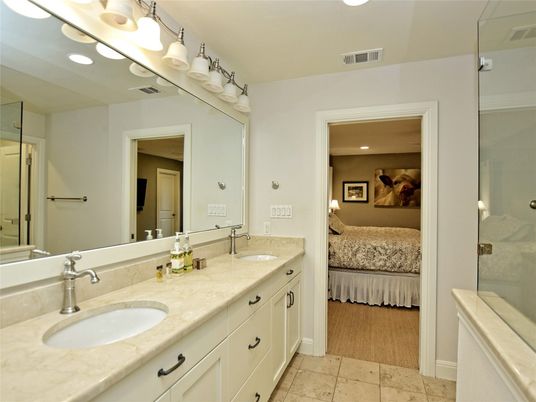 Bathroom, Bedroom, Dual Sink Vanities, Glass Shower, Interior, Recessed Lighting, Wood Texture Flooring