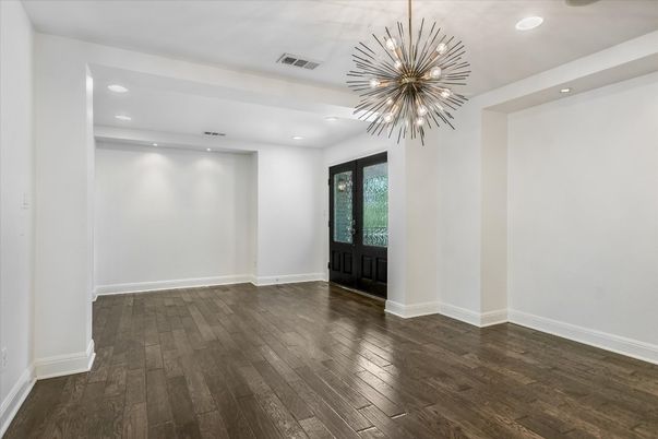 Empty room, Interior, Pendant Lights, Recessed Lighting, Wood Texture Flooring